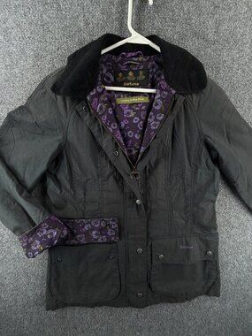 Barbour Beadnell Wax Jacket Blue Purple Floral Canvas Size 6 Country Cottage